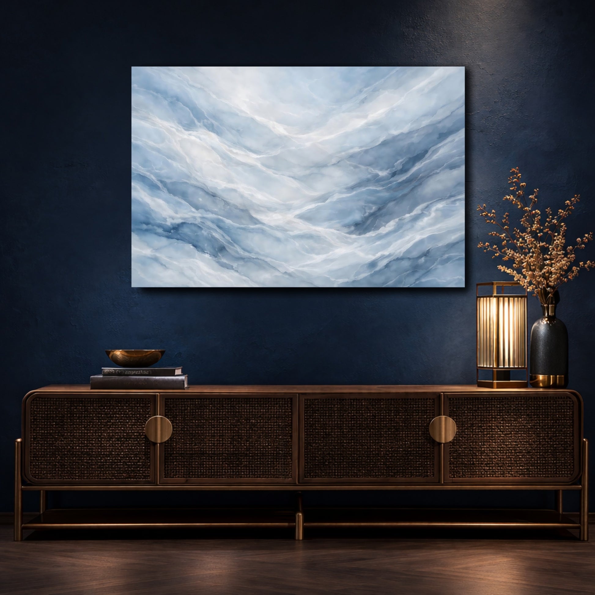 Mockup 4. Abstract Blue Marble Blue And White shown as stretched canvas wall art