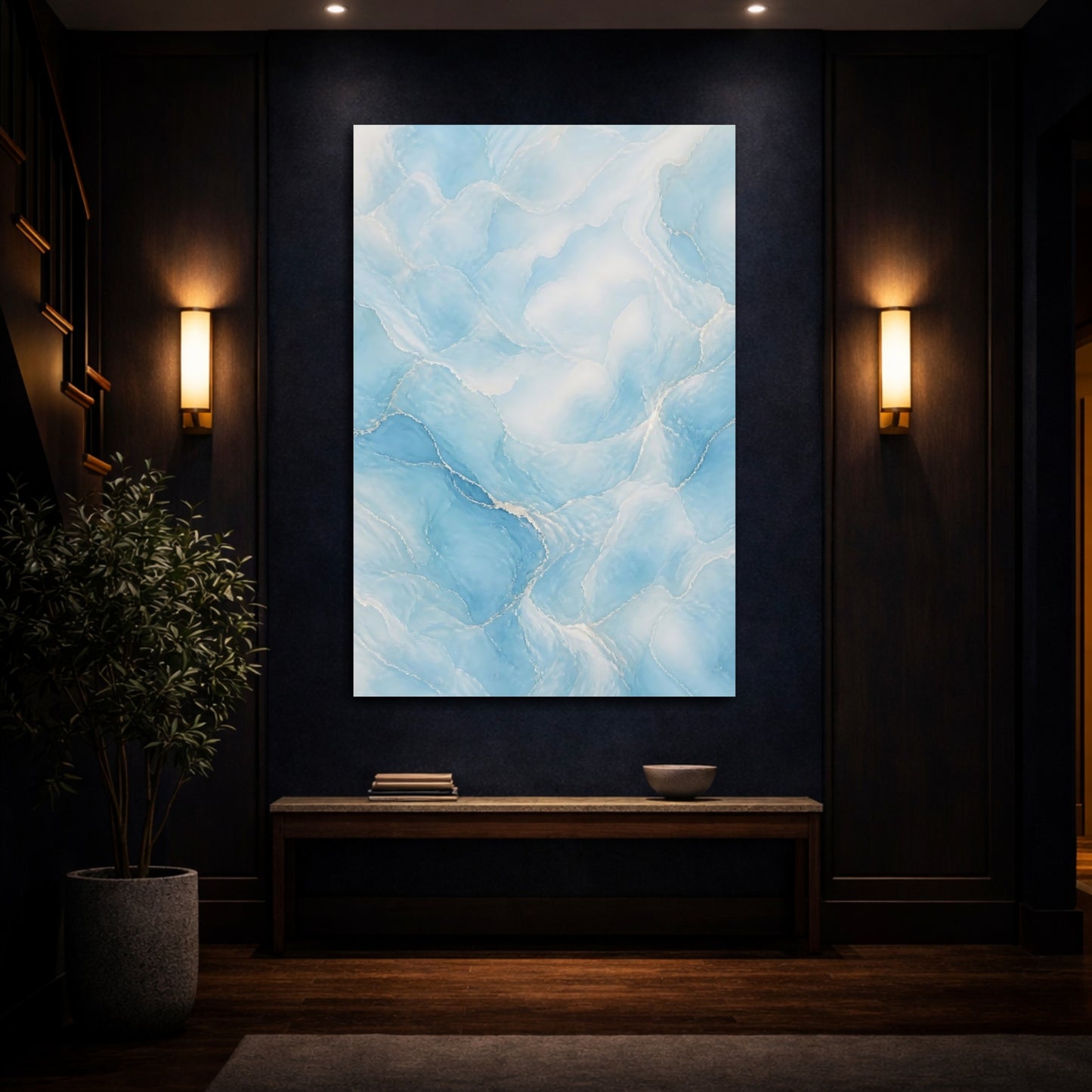 Mockup 4. Abstract Blue Marble Blue And White shown as stretched canvas wall art