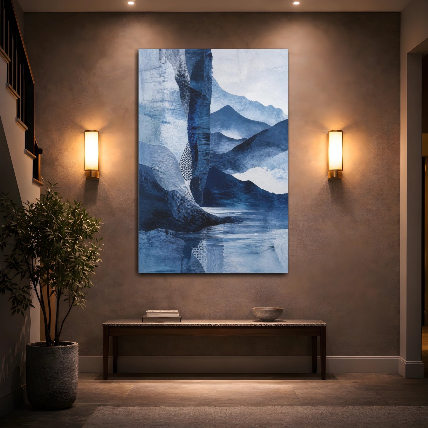 Mockup 2. Abstract Blue Mountain Horizon shown as canvas print