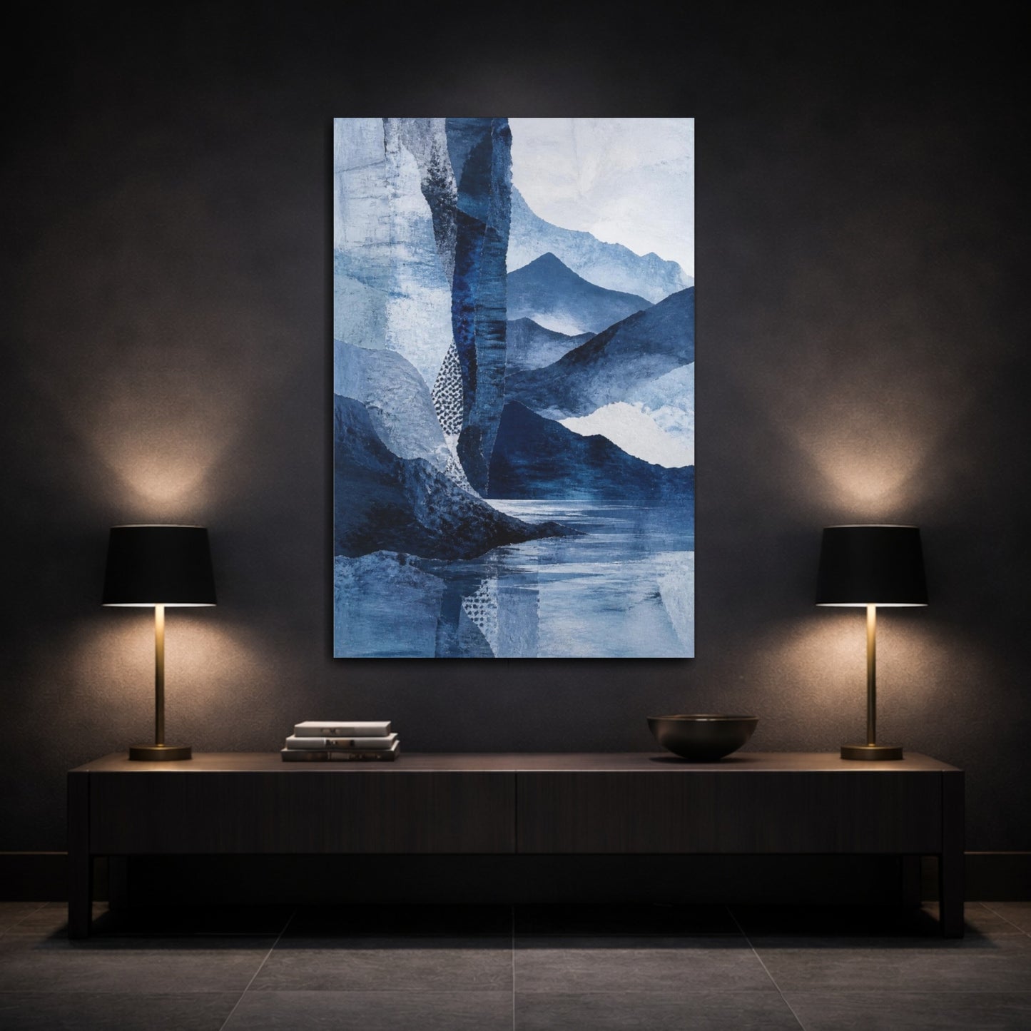 Mockup 3. Abstract Blue Mountain Horizon shown as canvas print