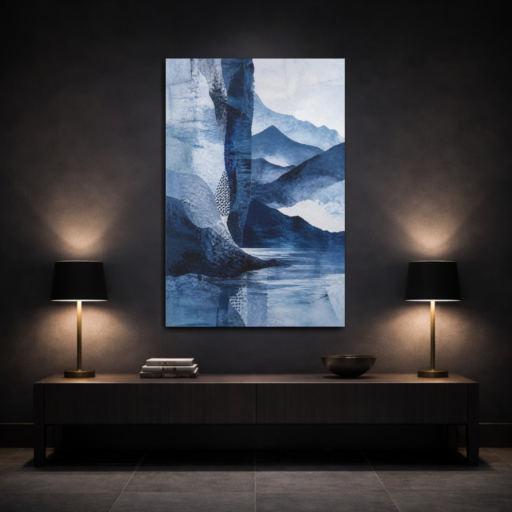 Mockup 3. Abstract Blue Mountain Horizon shown as canvas print