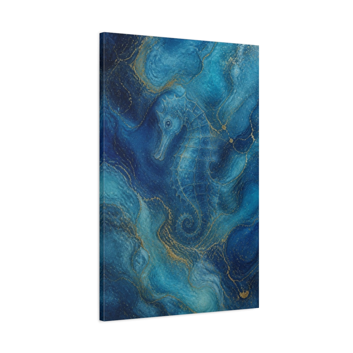 Main Mockup. Abstract Blue Seahorse shown as canvas print