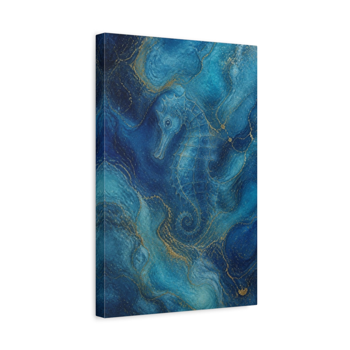 Side Mockup 4. Abstract Blue Seahorse shown as canvas print