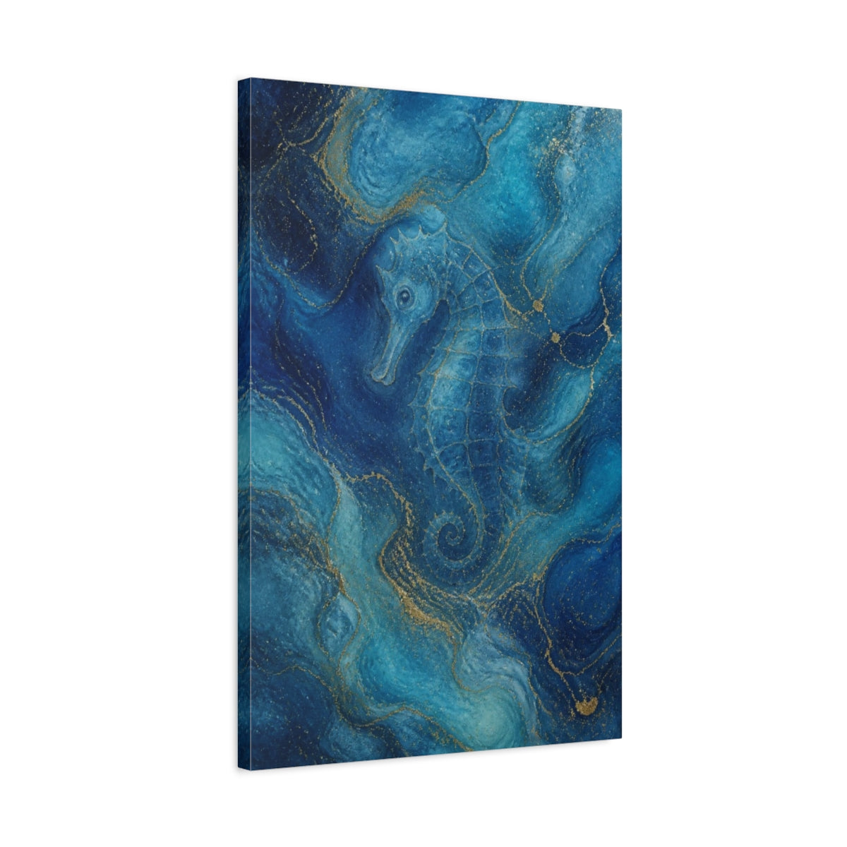 Side Mockup 2. Abstract Blue Seahorse shown as canvas print