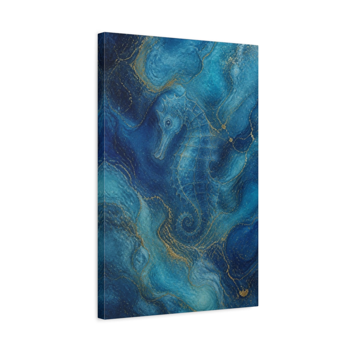 Side Mockup 3. Abstract Blue Seahorse shown as canvas print