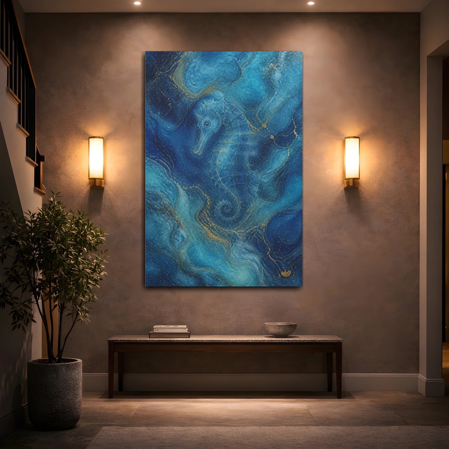 Mockup 2. Abstract Blue Seahorse shown as canvas print