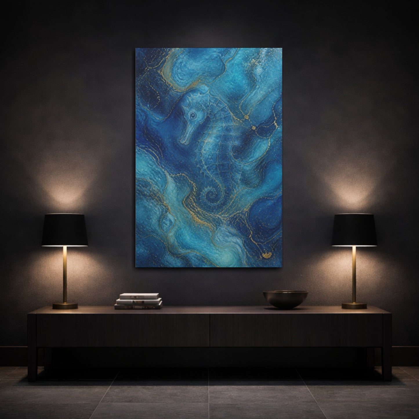 Mockup 3. Abstract Blue Seahorse shown as canvas print
