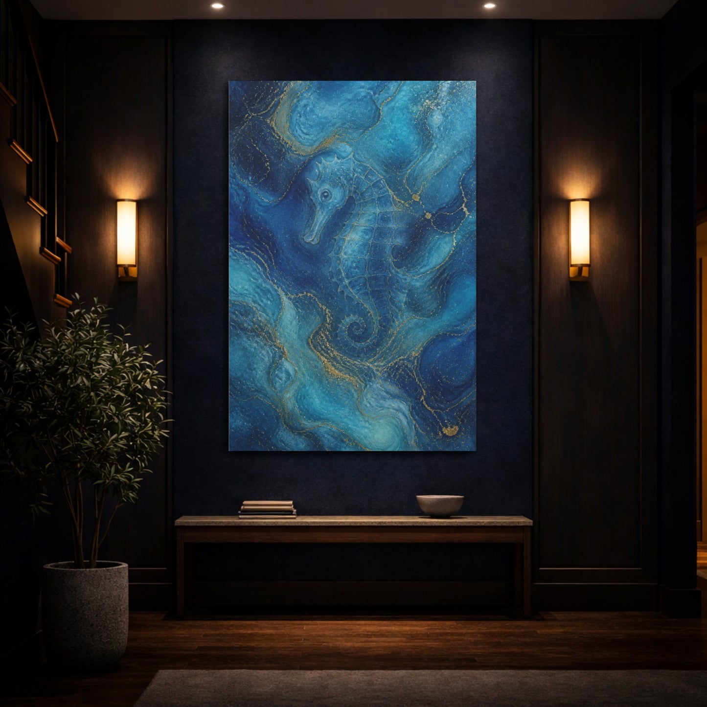 Mockup 4. Abstract Blue Seahorse shown as canvas print