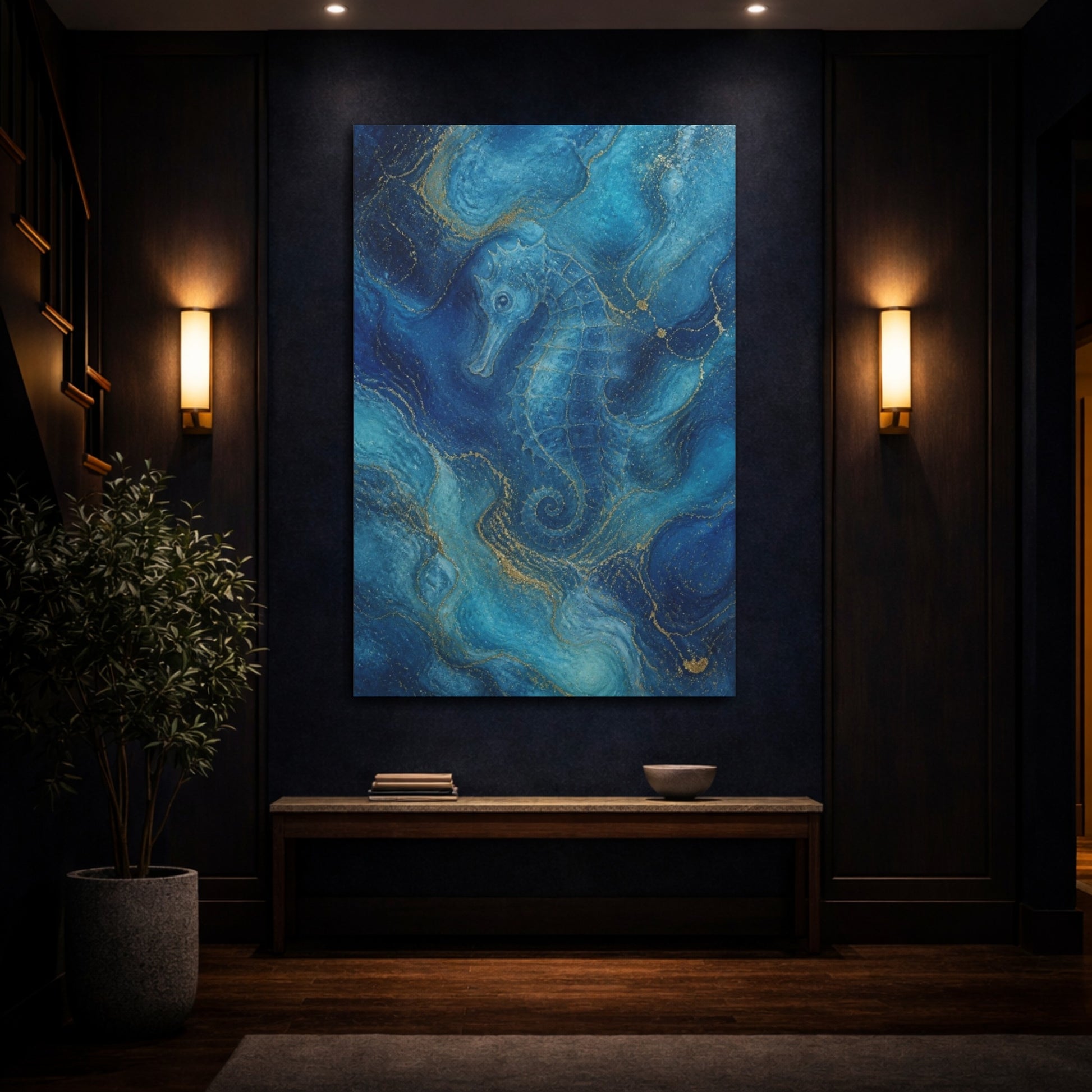 Mockup 4. Abstract Blue Seahorse shown as canvas print