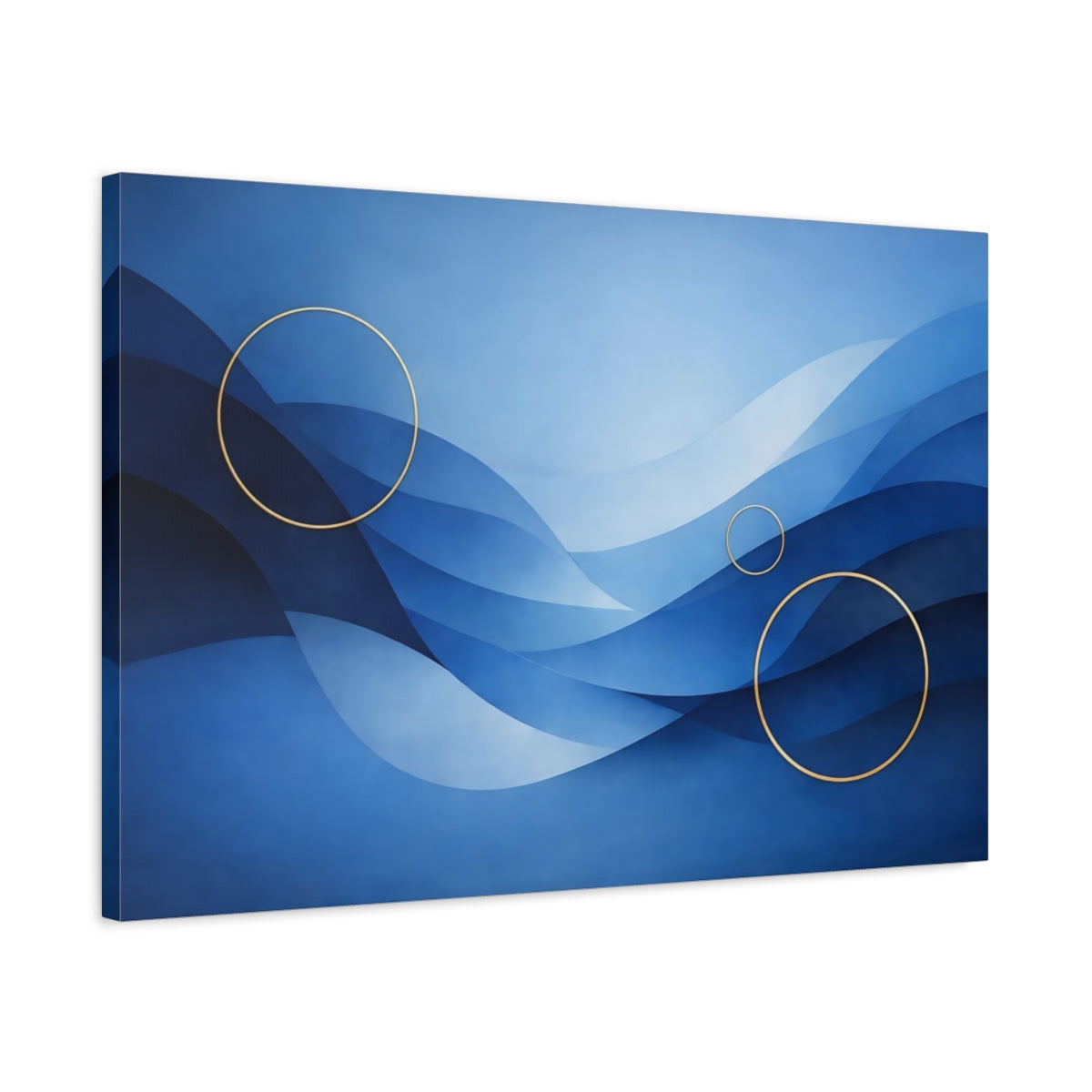 Side Mockup 2. Abstract Blue Waves Blue And Gold shown as stretched canvas wall art