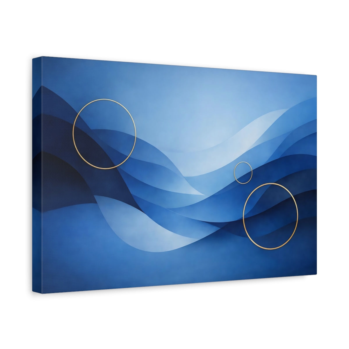 Side Mockup 4. Abstract Blue Waves Blue And Gold shown as stretched canvas wall art