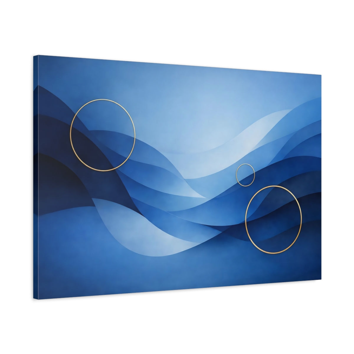 Side Mockup 1. Abstract Blue Waves Blue And Gold shown as stretched canvas wall art