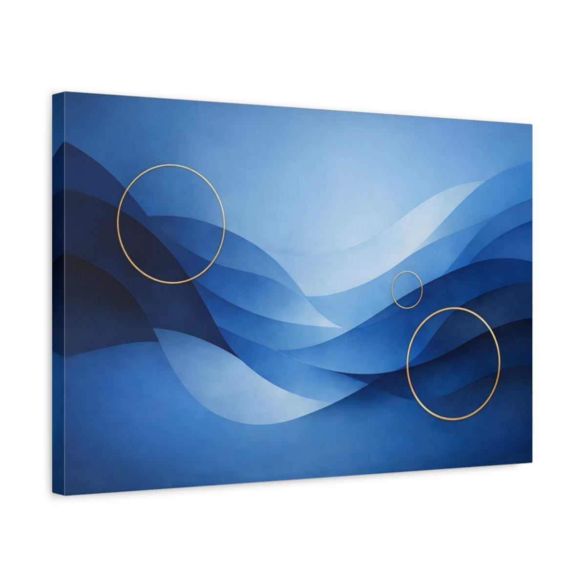 Side Mockup 3. Abstract Blue Waves Blue And Gold shown as stretched canvas wall art