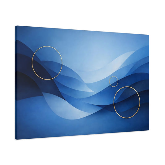 Main Mockup. Abstract Blue Waves Blue And Gold shown as stretched canvas wall art