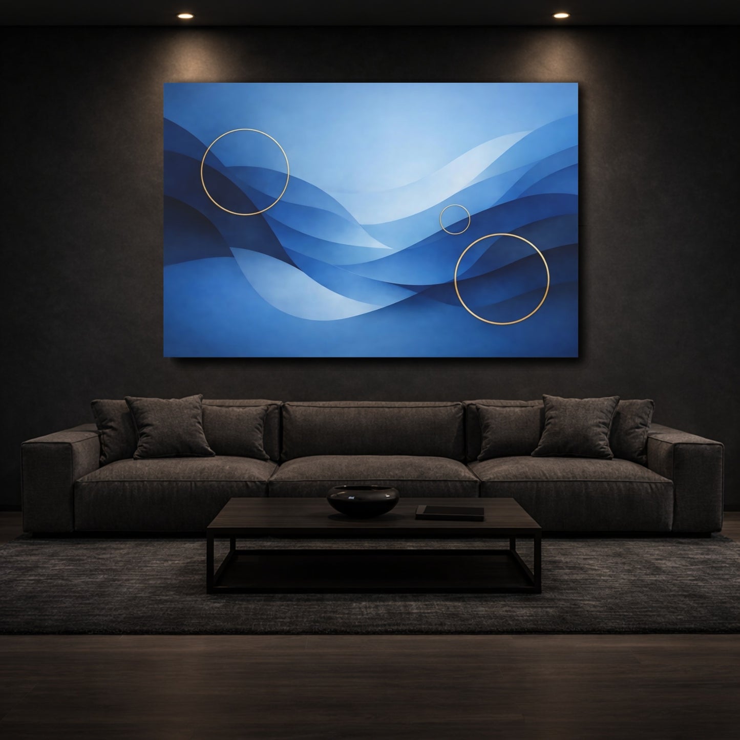 Mockup 2. Abstract Blue Waves Blue And Gold shown as stretched canvas wall art