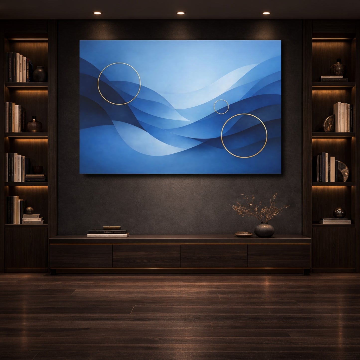 Mockup 3. Abstract Blue Waves Blue And Gold shown as stretched canvas wall art