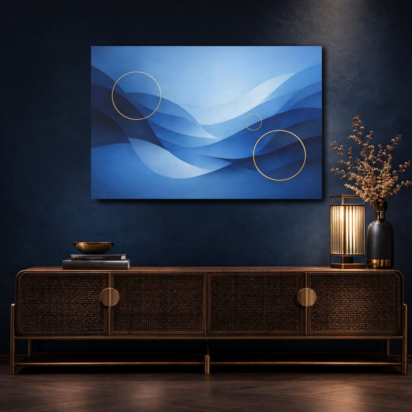Mockup 4. Abstract Blue Waves Blue And Gold shown as stretched canvas wall art