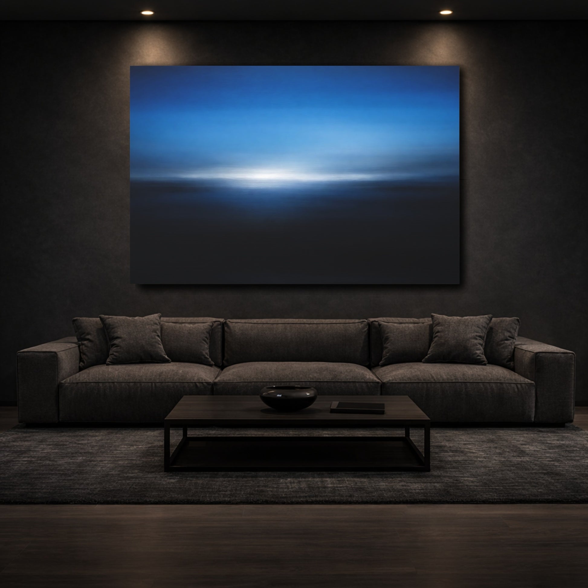 Mockup 2. Abstract Blurred Horizon Blue Abstract shown as stretched canvas wall art