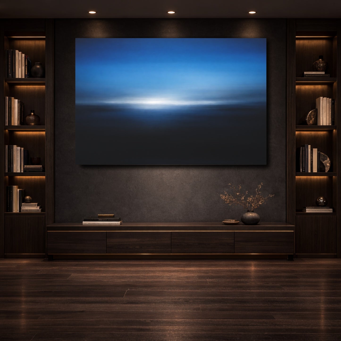 Mockup 3. Abstract Blurred Horizon Blue Abstract shown as stretched canvas wall art