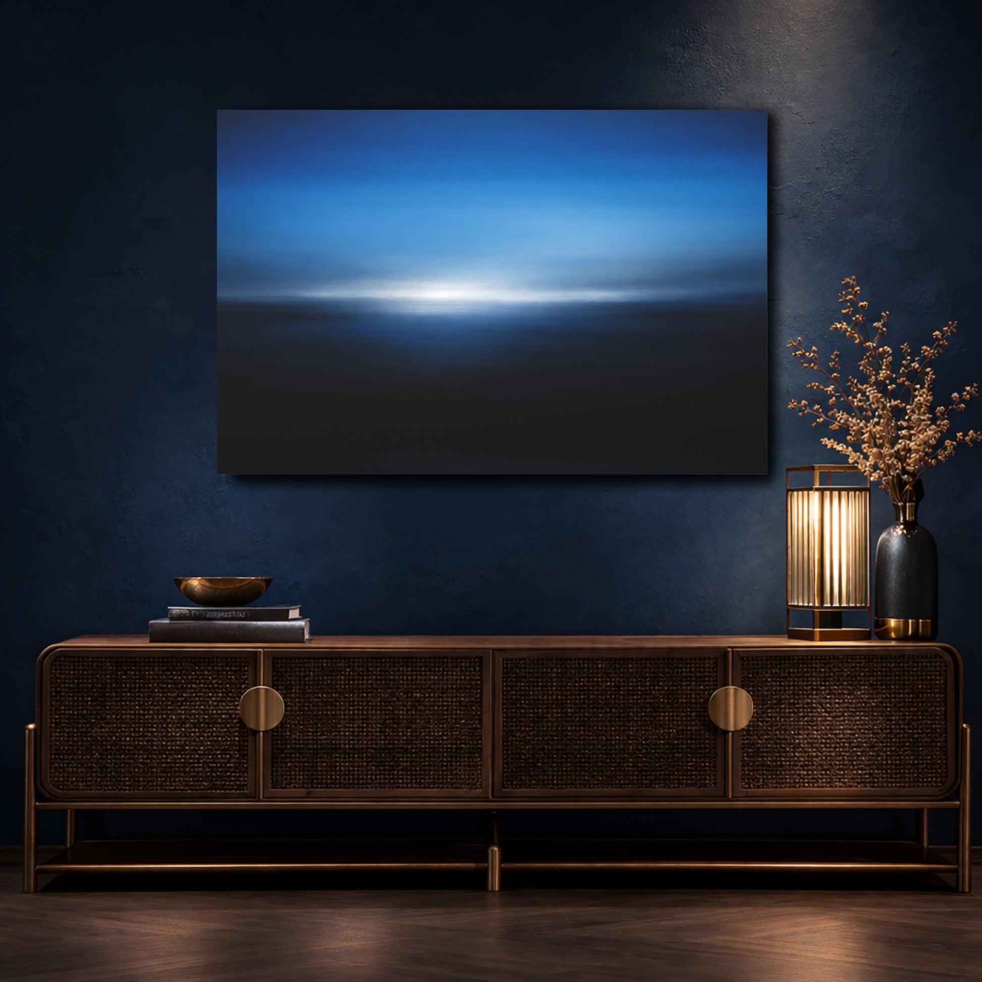 Mockup 4. Abstract Blurred Horizon Blue Abstract shown as stretched canvas wall art
