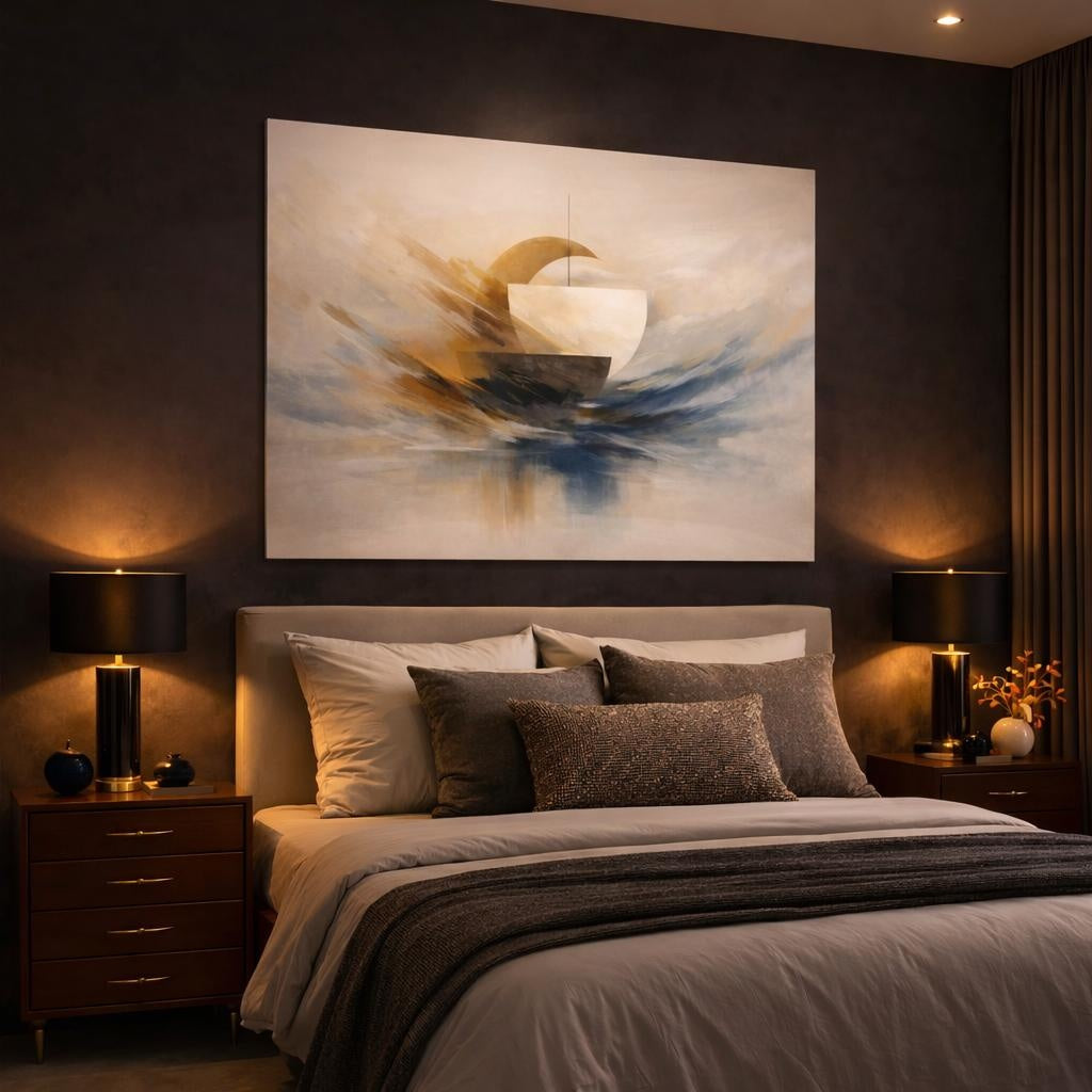 Abstract Boat Abstract Nautical shown as canvas wall art in a luxury bedroom