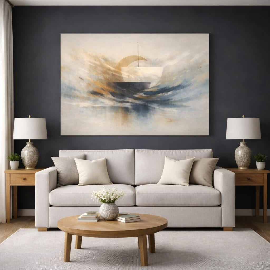 Abstract Boat Abstract Nautical shown as canvas wall art in a modern living room
