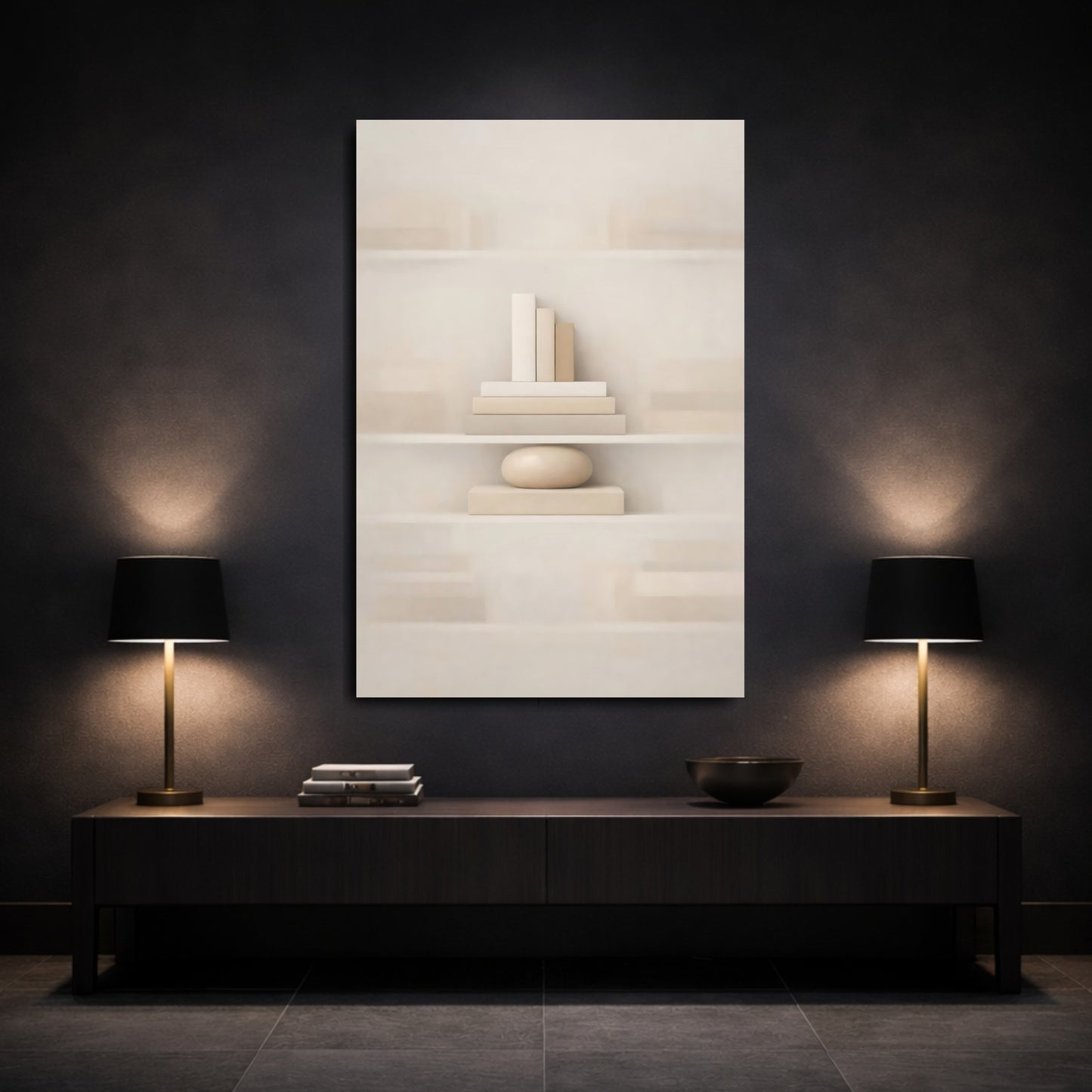 Abstract Books Stone Beige Cream shown as front canvas room wall art