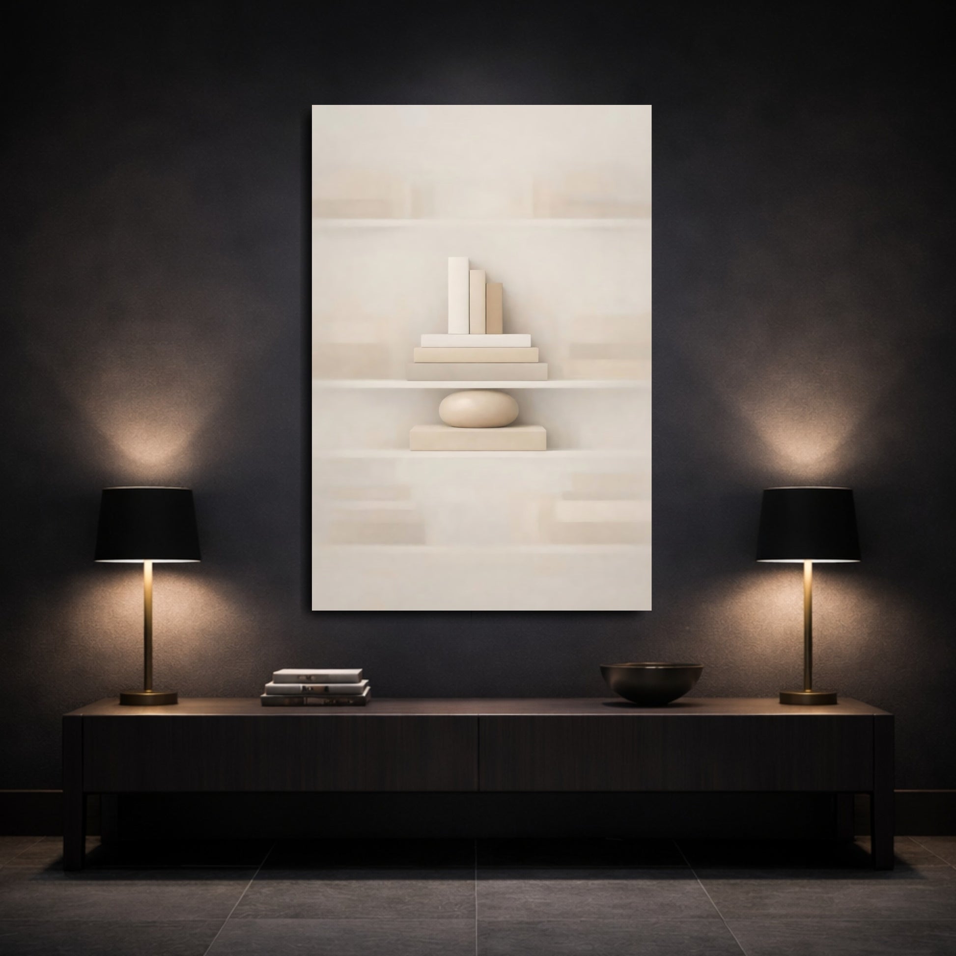 Abstract Books Stone Beige Cream shown as front canvas room wall art