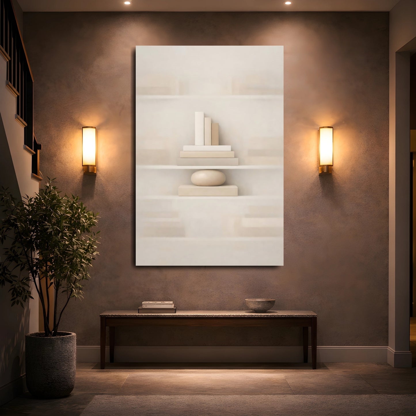 Abstract Books Stone Beige Cream shown as front canvas room wall art