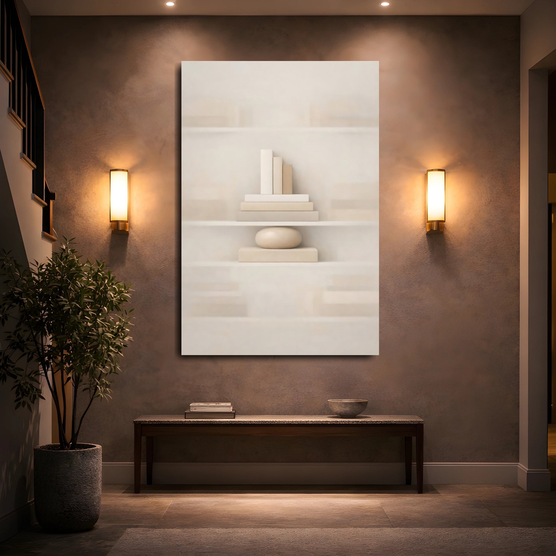 Abstract Books Stone Beige Cream shown as front canvas room wall art