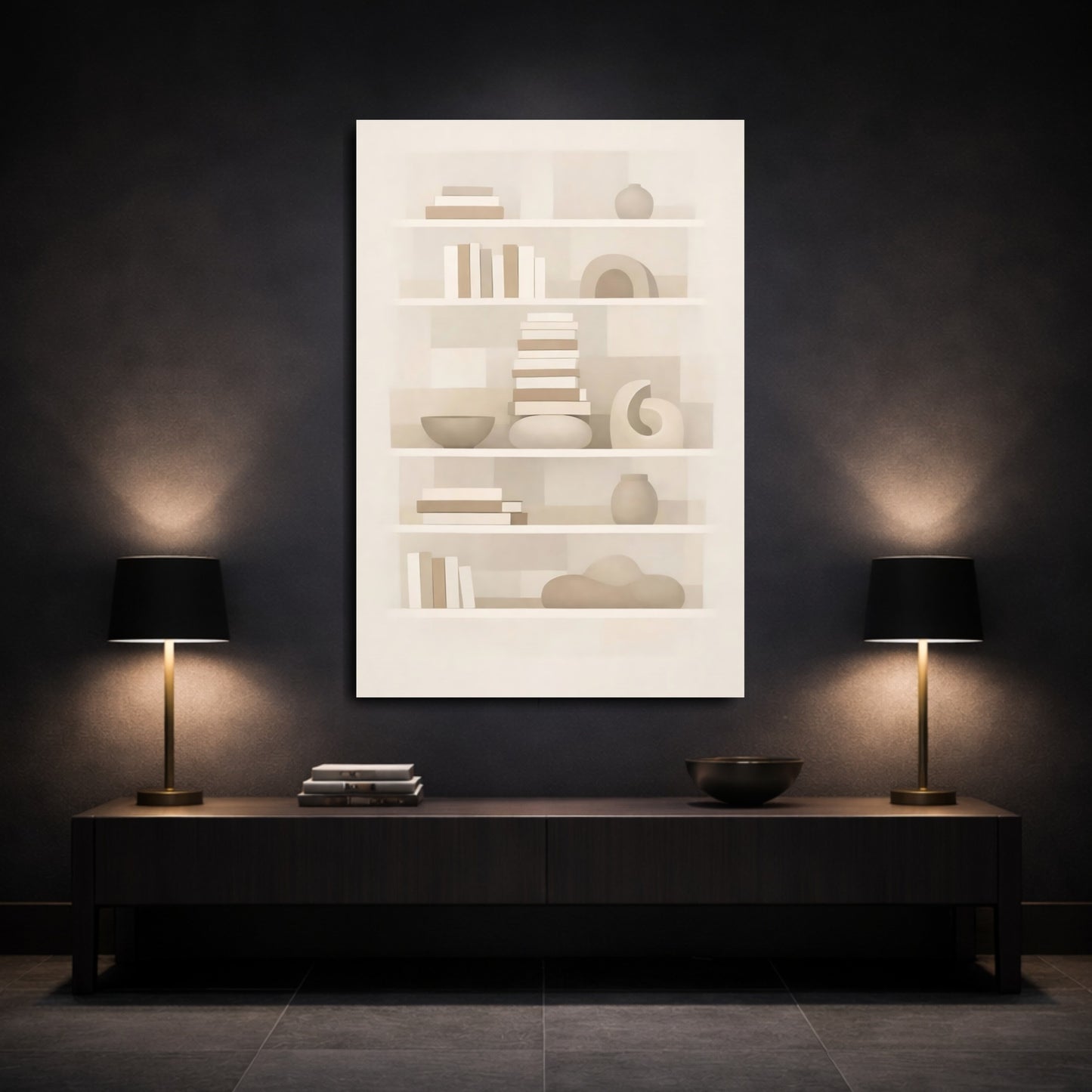 Mockup 2. Abstract Bookshelf Neutral Abstract Bookshelf shown as stretched canvas wall art