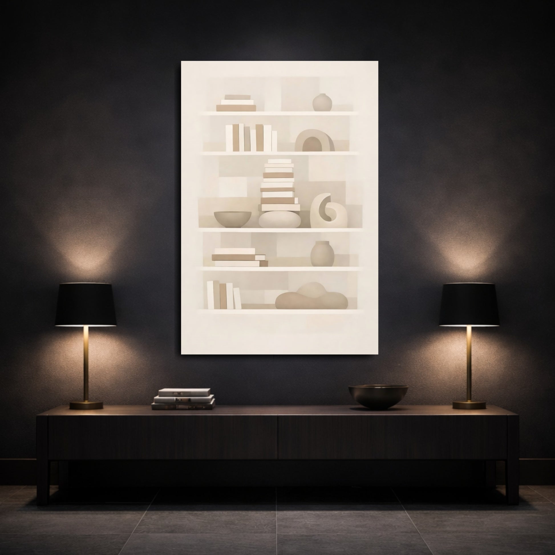 Mockup 2. Abstract Bookshelf Neutral Abstract Bookshelf shown as stretched canvas wall art