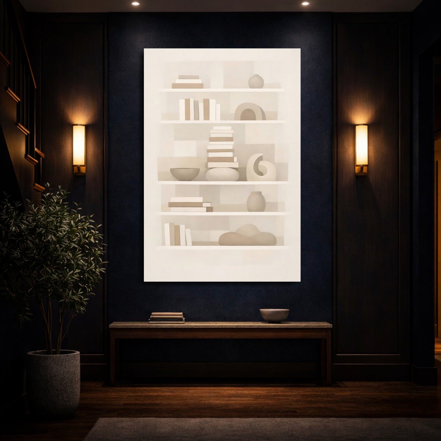 Mockup 3. Abstract Bookshelf Neutral Abstract Bookshelf shown as stretched canvas wall art