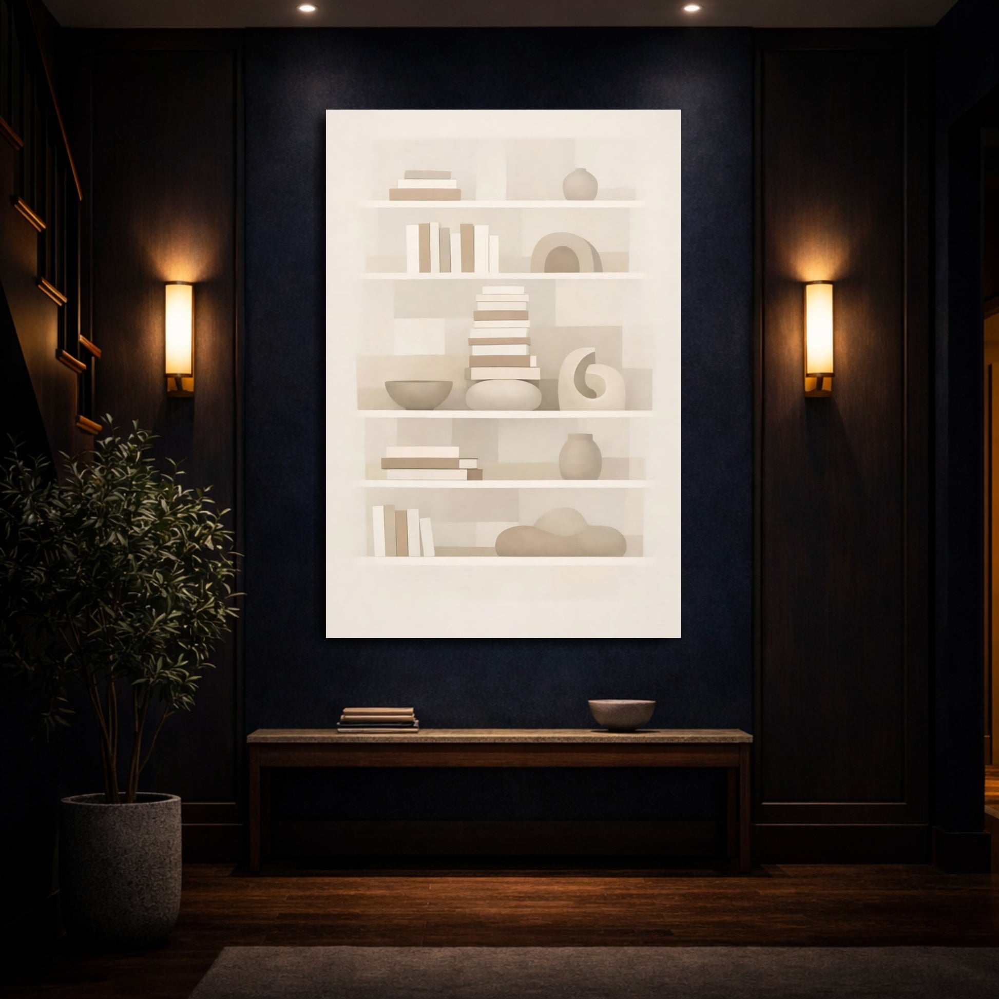 Mockup 3. Abstract Bookshelf Neutral Abstract Bookshelf shown as stretched canvas wall art