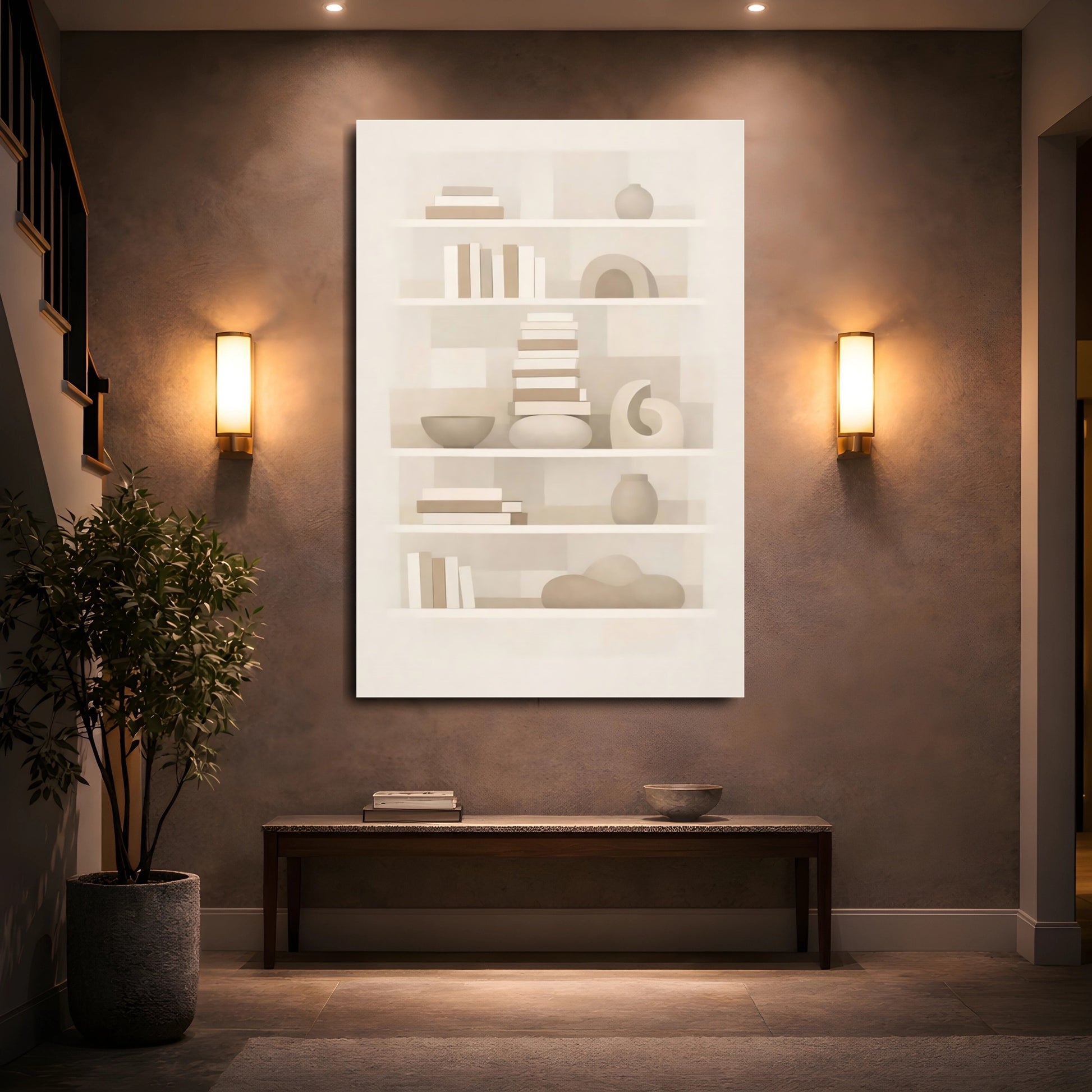 Mockup 4. Abstract Bookshelf Neutral Abstract Bookshelf shown as stretched canvas wall art