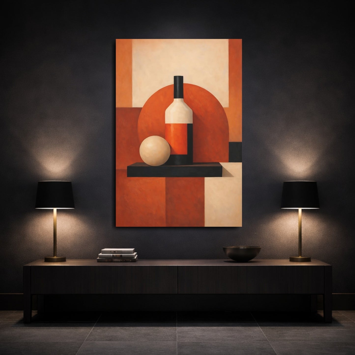 Mockup 2. Abstract Bottle, Ball Orange Black Still Life shown as stretched canvas wall art