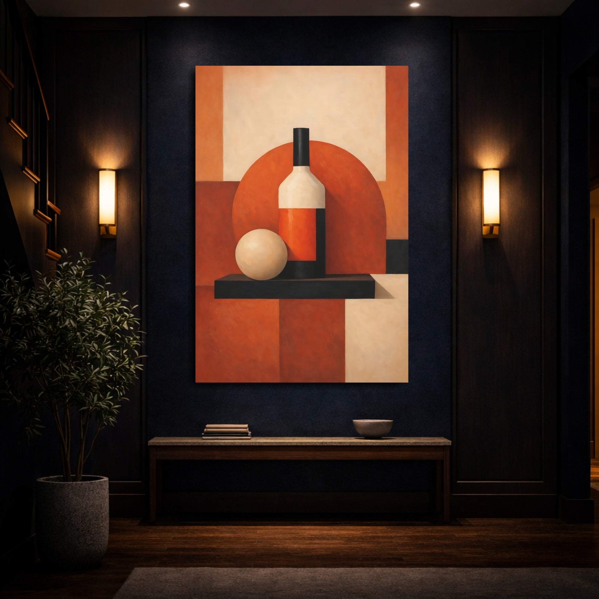 Mockup 3. Abstract Bottle, Ball Orange Black Still Life shown as stretched canvas wall art