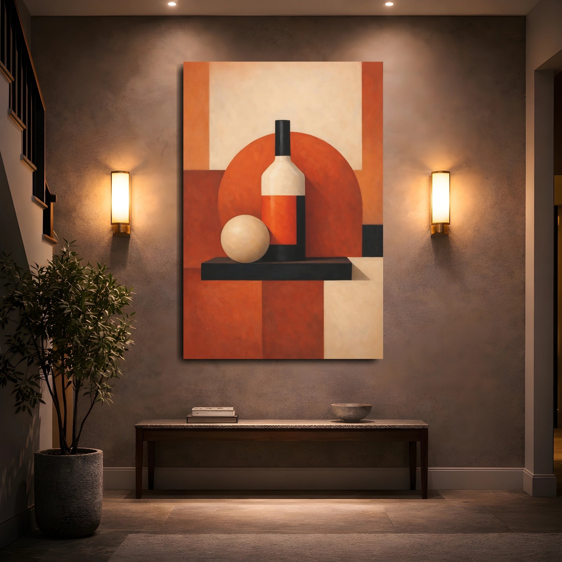 Mockup 4. Abstract Bottle, Ball Orange Black Still Life shown as stretched canvas wall art