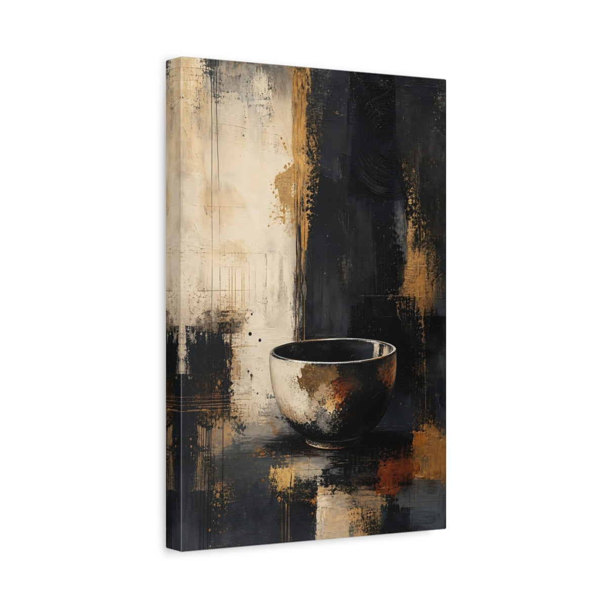 Side Mockup 4. Abstract Bowl Black And Gold shown as stretched canvas wall art