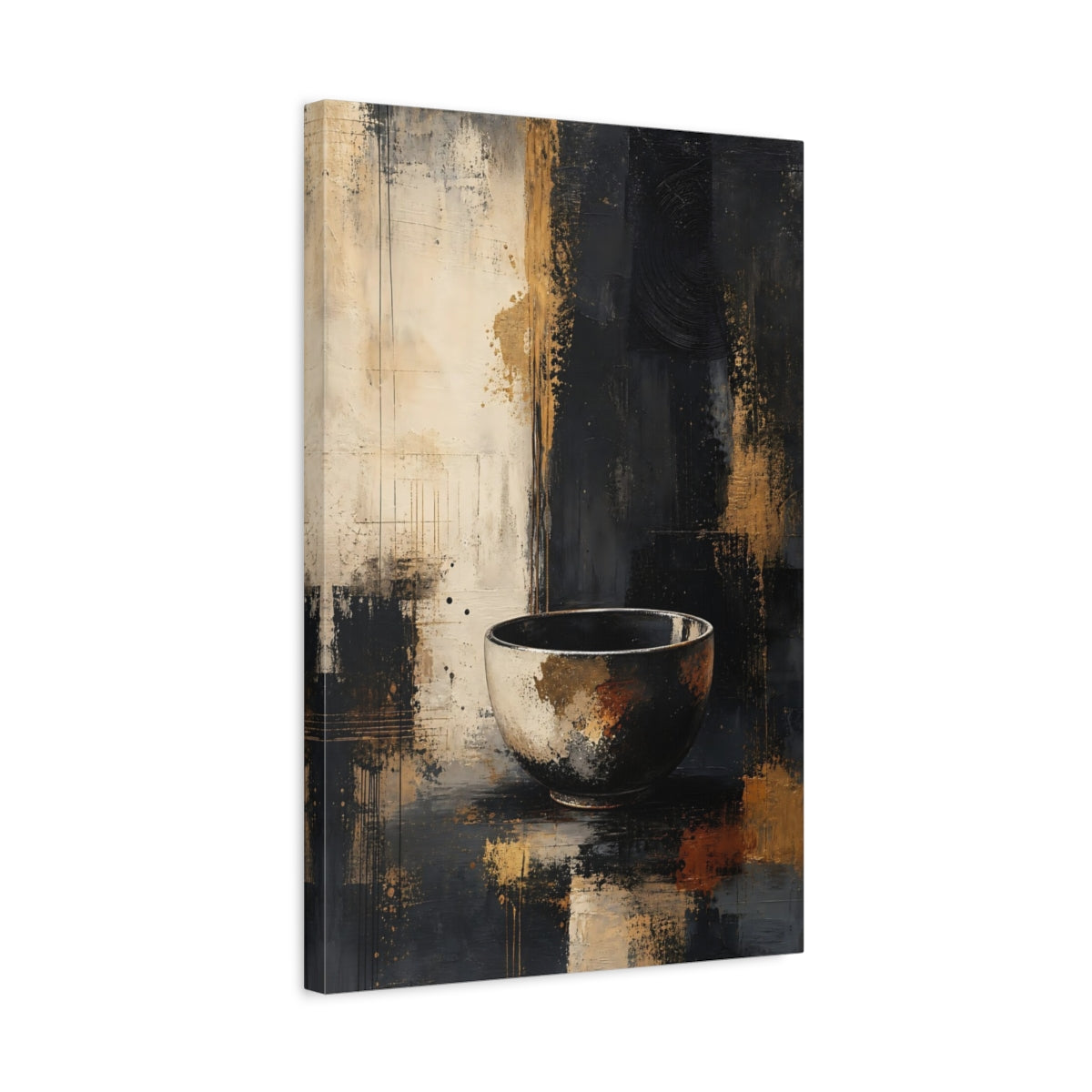 Side Mockup 3. Abstract Bowl Black And Gold shown as stretched canvas wall art