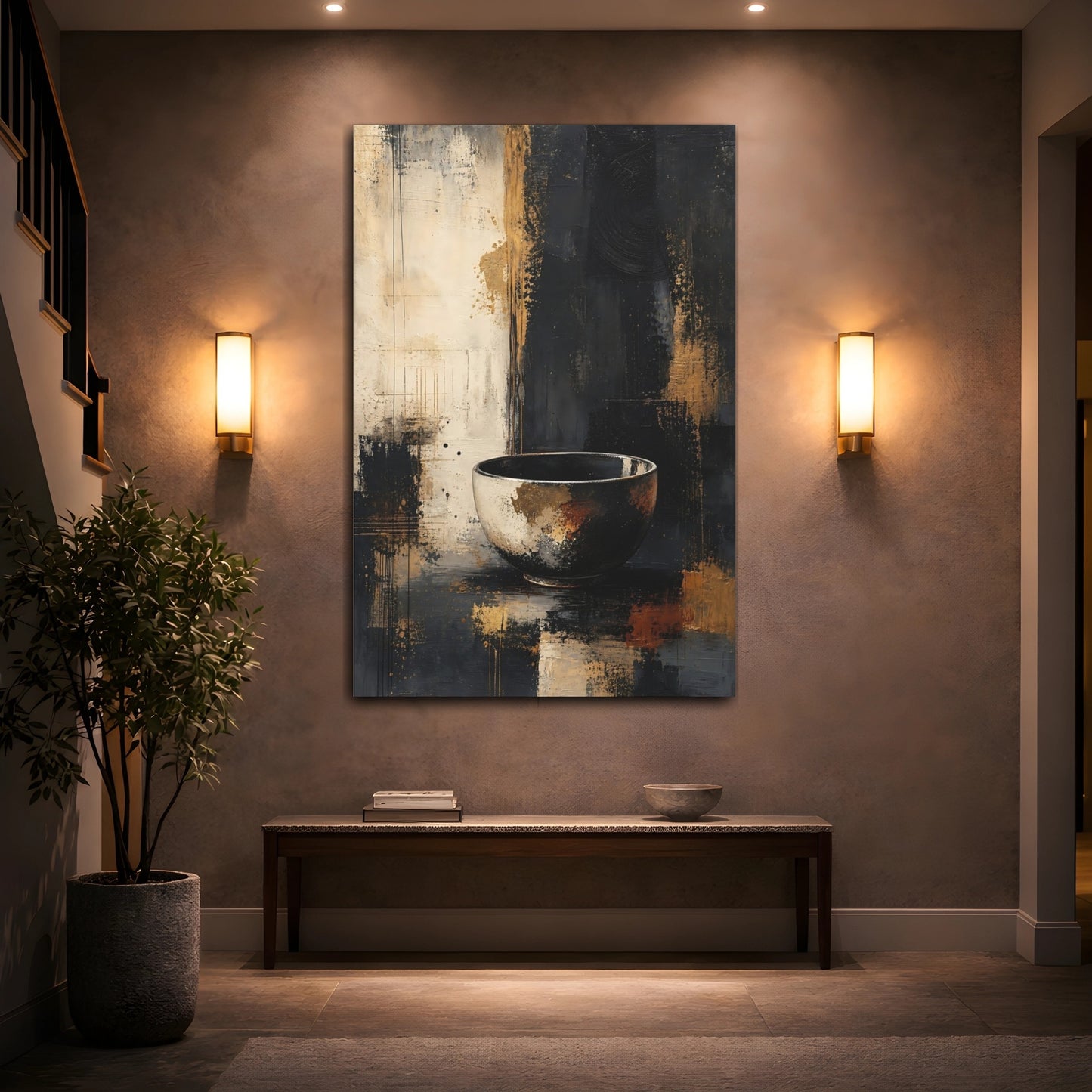 Mockup 2. Abstract Bowl Black And Gold shown as stretched canvas wall art