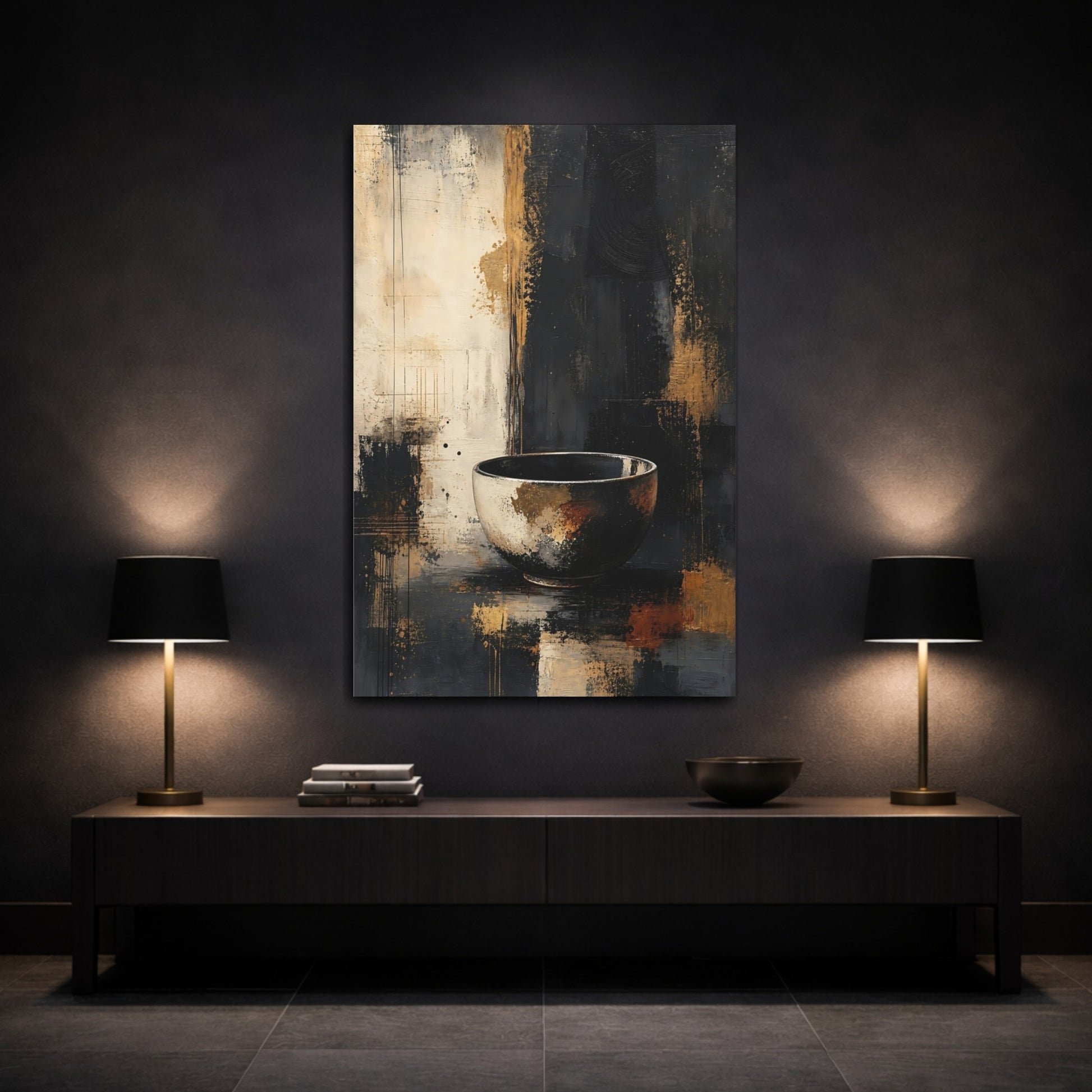Mockup 3. Abstract Bowl Black And Gold shown as stretched canvas wall art