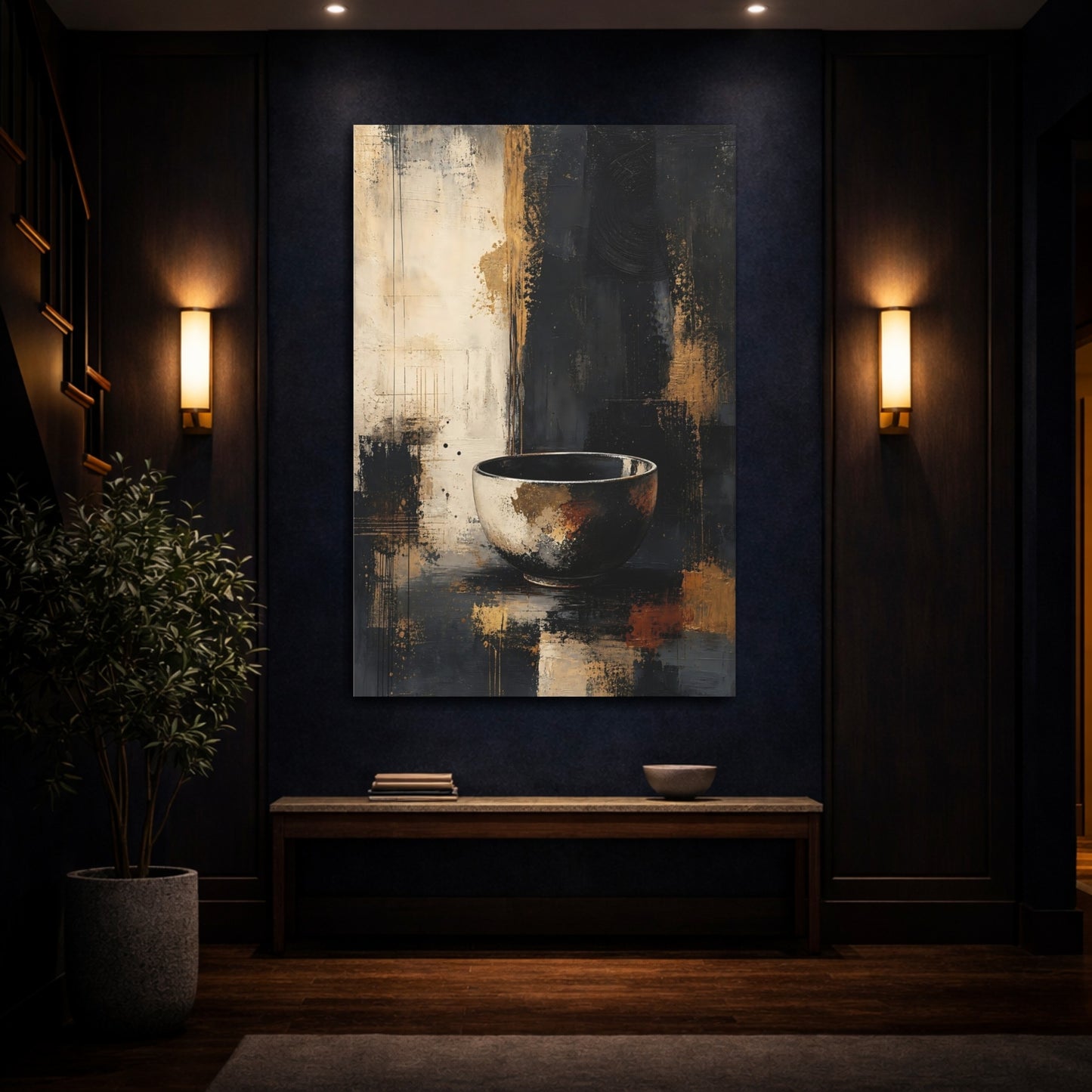 Mockup 4. Abstract Bowl Black And Gold shown as stretched canvas wall art