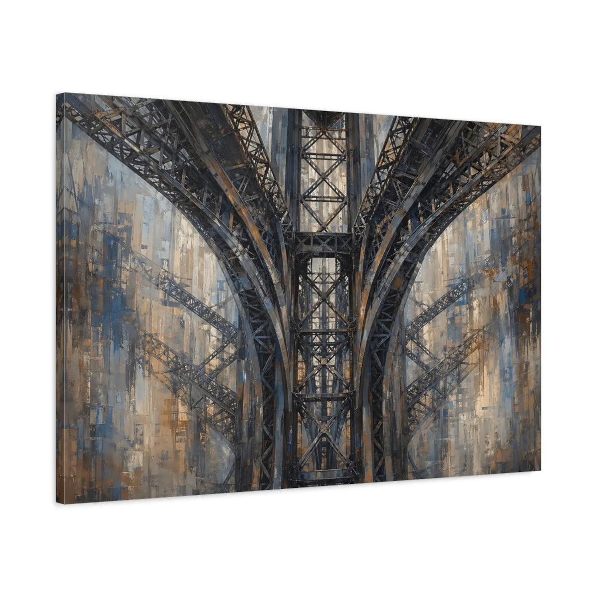 Main Mockup. Abstract Bridge Arches Brown And Blue shown as stretched canvas wall art