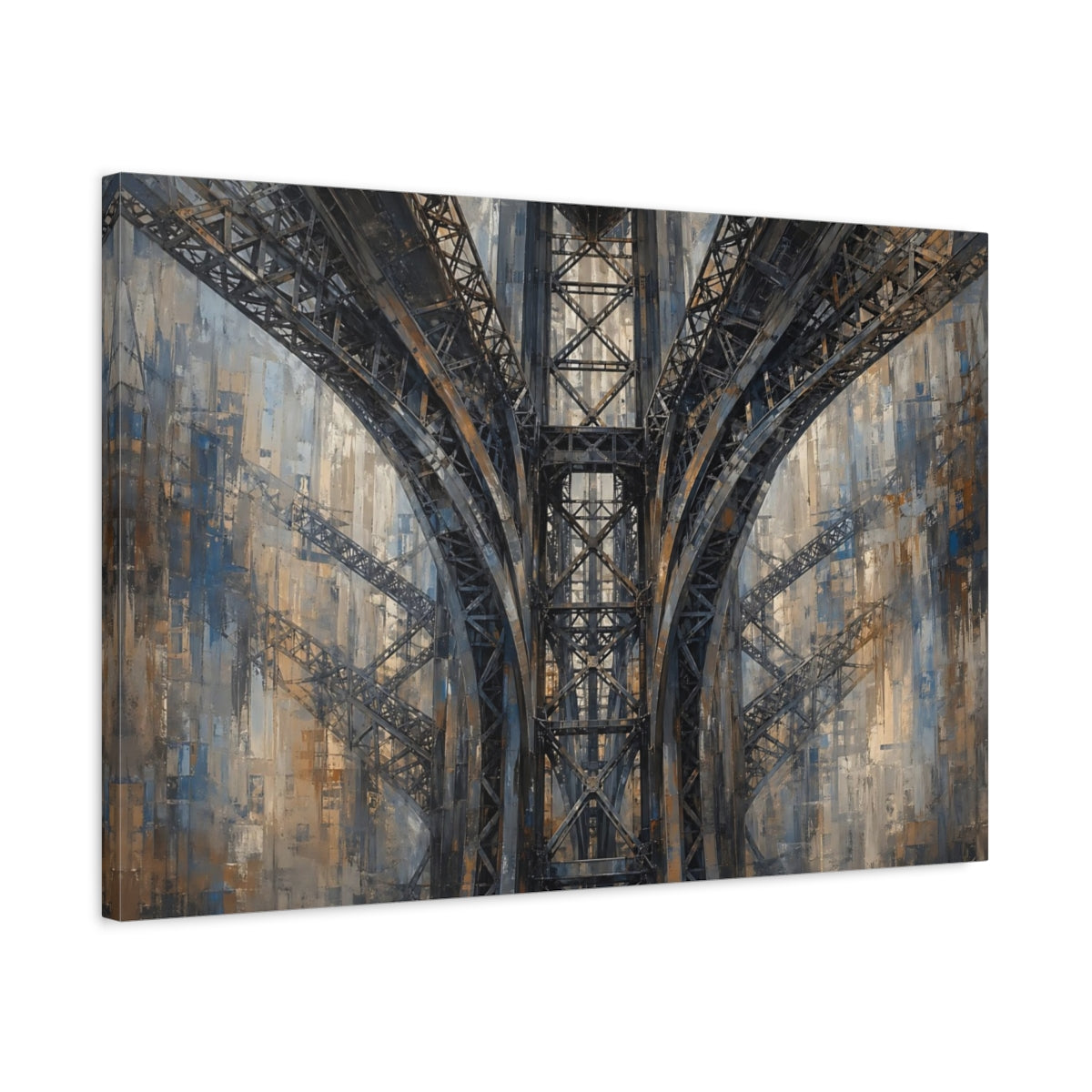Side Mockup 2. Abstract Bridge Arches Brown And Blue shown as stretched canvas wall art