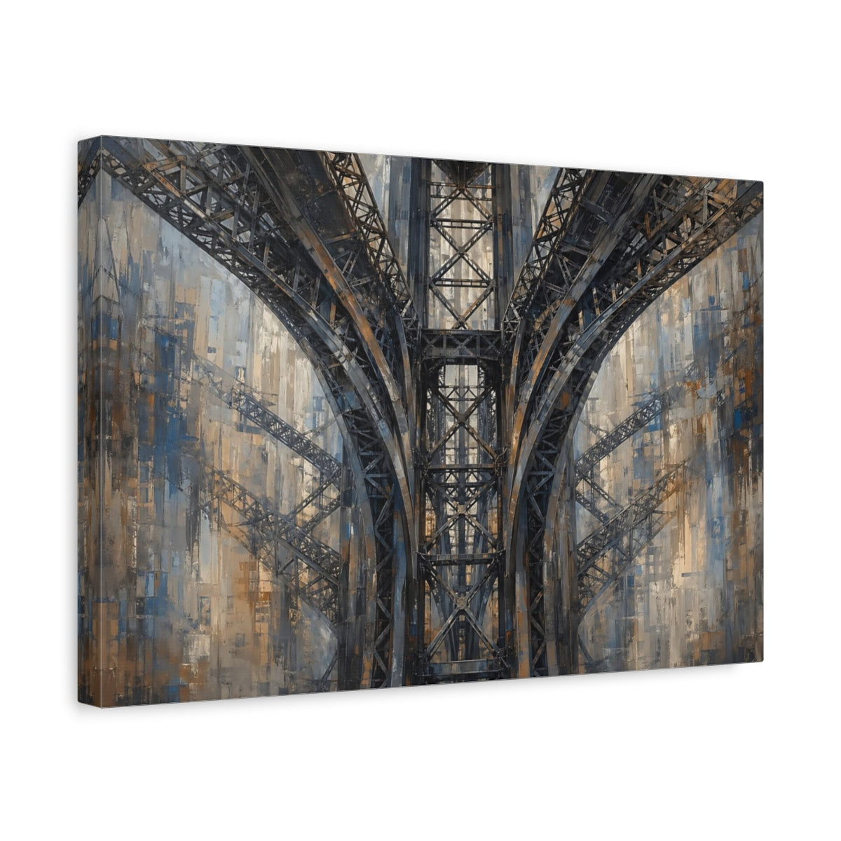 Side Mockup 4. Abstract Bridge Arches Brown And Blue shown as stretched canvas wall art