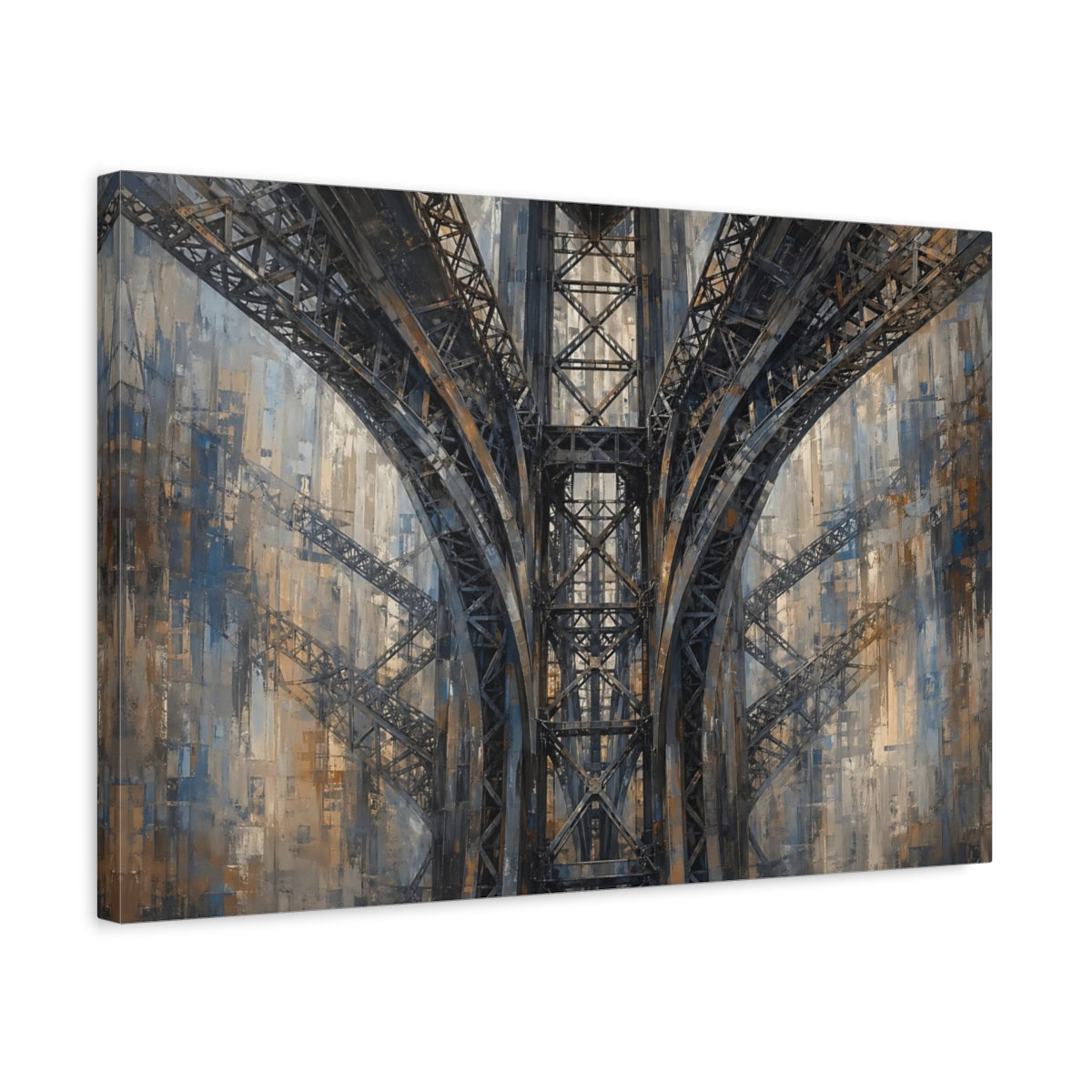 Side Mockup 3. Abstract Bridge Arches Brown And Blue shown as stretched canvas wall art