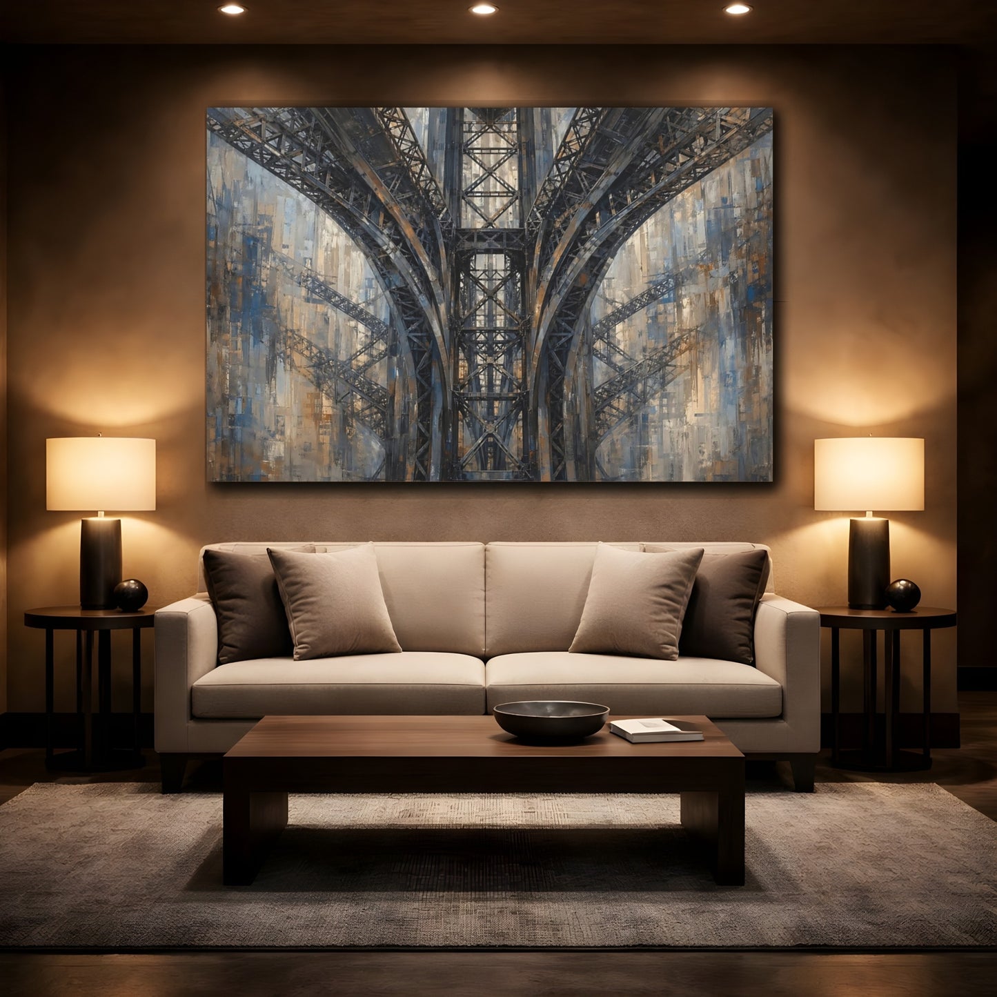 Mockup 2. Abstract Bridge Arches Brown And Blue shown as stretched canvas wall art