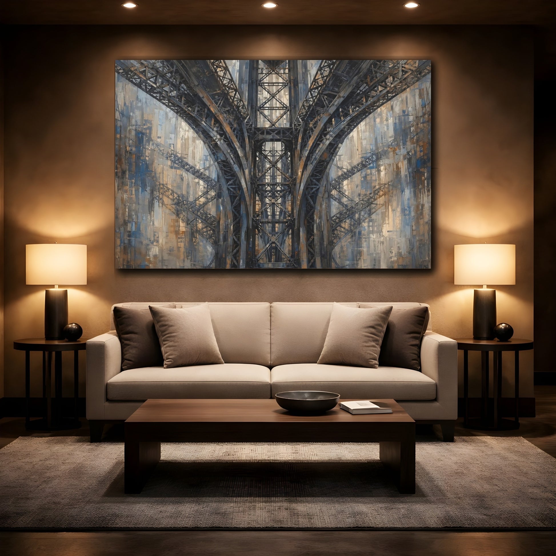 Mockup 2. Abstract Bridge Arches Brown And Blue shown as stretched canvas wall art