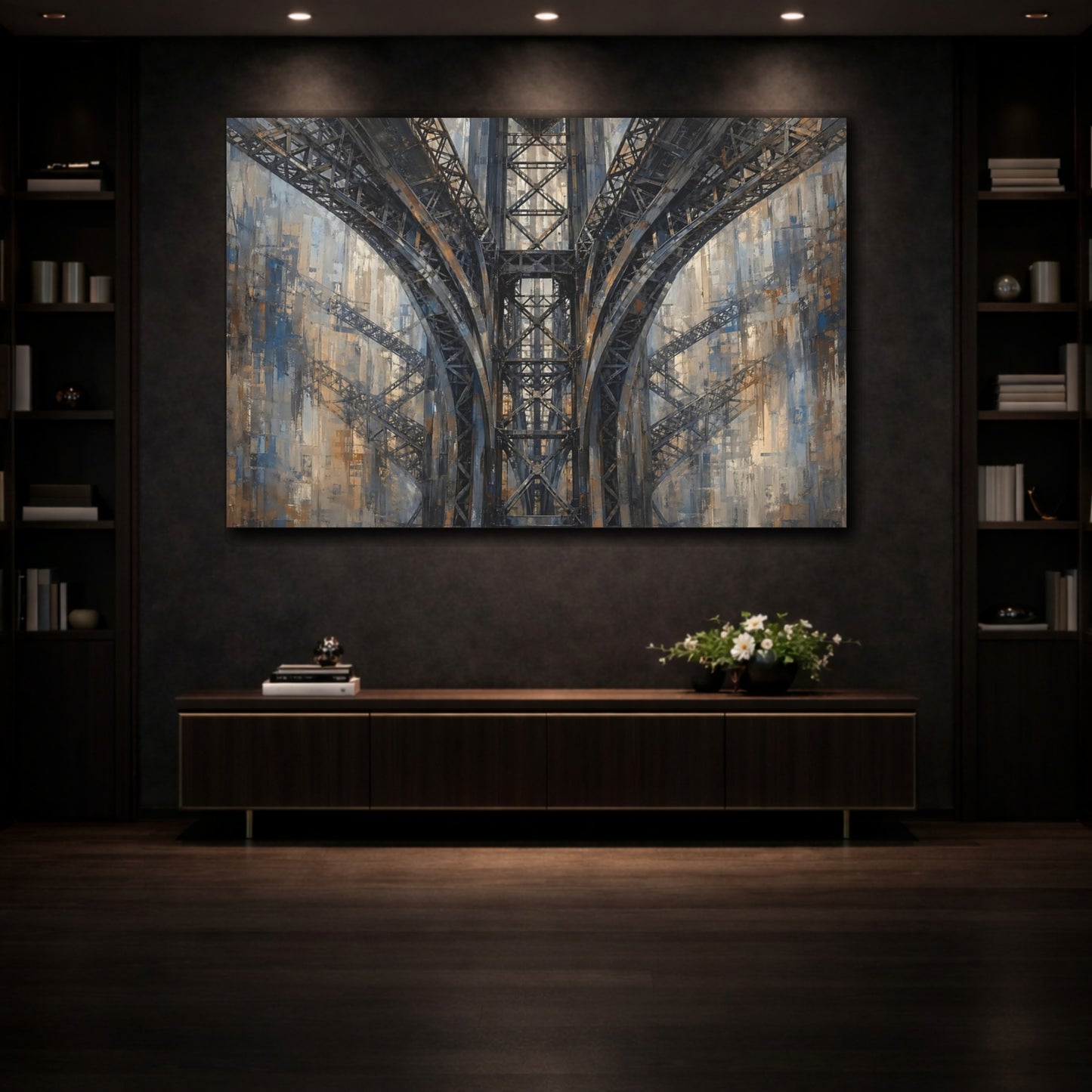Mockup 3. Abstract Bridge Arches Brown And Blue shown as stretched canvas wall art